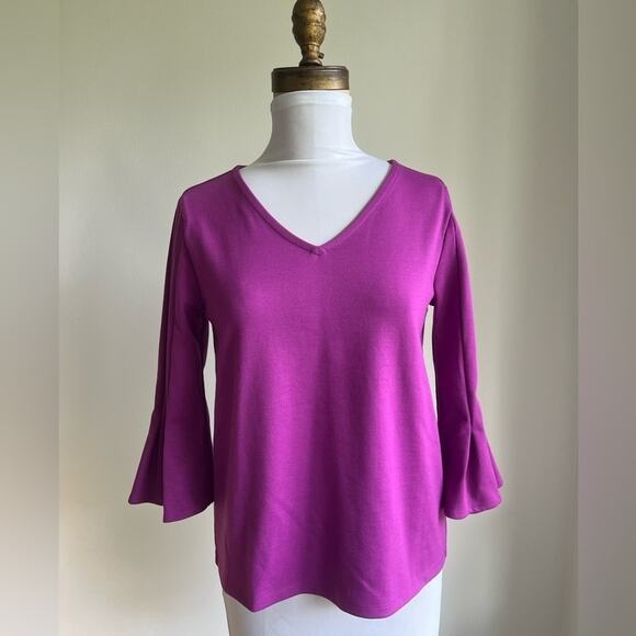 BANANA REPUBLIC PURPLE PLEATED BELL SLEEVE V NECK BLOUSE SIZE XS - Picture 1 of 6